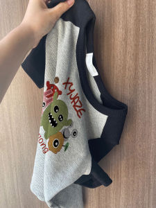 French Style Slim Fit Short Sleeve T-Shirt Womens Summer Cartoon Patchwork Color Block Shoulder Insertion Top Tight Short Length