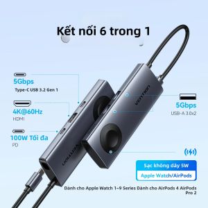 Vention | Vention USB C Hub 4K 60Hz Với Bộ Sạc Từ Tính Không Dây Cho iWatch 1-9 Series USB 3.0 PD 100W Tương Thích Với Macbook iPad Samsung - Đế Cắm Laptop