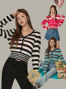 Chuu Womens Hollow out Knitwear V-Neck Slimming Top Striped Design Fashionable Autumn New Arrival Sweet And Spicy Style
