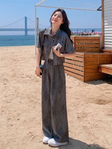 ชุดกางเกงขากว้างลายผูกปมสไตล์เกาหลีสำหรับผู้หญิงในช่วงฤดูร้อนปี 2025 ชุดแฟชั่นสองชิ้นแบบลำลองสไตล์หวานและเท่