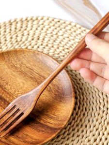 High-End Japanese-Style Solid Wood Fork Long Handle Wooden Fork Steak Fruit Fork Cake Dessert Salad Fork round Handle