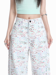 QIAOMIDUO | Summer Thin White Graffiti Print Wide Leg Jeans Womens Loose Fit High Waist Long Cotton Denim Casual Style Dopaamine Mini Fragrance