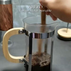 AREZO French Press Coffee Maker Teko Seduh Kopi Teh Wood Cover Teko Coffee Tea Plunger Coffee Pot Pembuat Kopi Teh Manual
