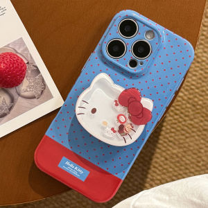 Retro Korean Blue Red Polka Dot Kitty Phone Case Stand Creative Cartoon Girl Apple 13 14 15 Cute iPhone 16 17 pro Max Shell