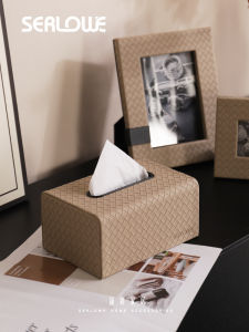 Shenglu Modern Minimalist Luxury Leather Tissue Box Set for Living Room Drawstring Kraft Grey Basket Weave Design Home Decor
