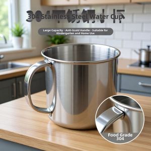 Large 304 Stainless Steel Water Cup with Lid Handle Iron Kindergarten Tea Cup Home Drinking Cup Has Handle Office Furniture