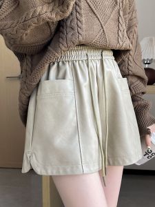Khaki PU Leather A-Line Short Pants Womens Autumn Winter New Loose Elastic Waist Casual Wide Leg Pants Outerwear