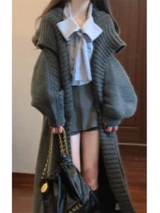 BINKAFENNY | Loose Fit Long Grey Knitted Cardigan Womens Autumn Winter Comfortable Open Front Sweater Outerwear Casual Style Fashion Trend