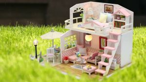 Emerie Yara DIY Miniature Dollhouse Kit - Pink Loft - w/ LED Lights Music Box Dust Cover - Hobby | Craft | Gifts