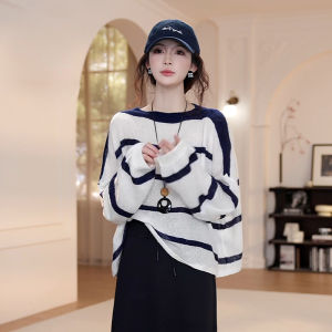 YUEZHONGWEI | Atmosphere Contrast Stripe Round Neck Marmot Yarn Sweater Lazy Knitwear