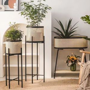 Rattan-like Flower Stand Modern Light Luxury Minimalist Japanese Style Living Room Balcony Indoor Iron on-the-Ground Green Plant Jardiniere