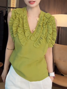 QINGNAER | Earmuff V-Neck Sleeveless Stylish Large Size Womens Blouse for Vacation