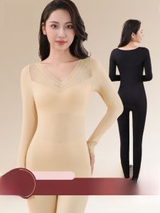 Miiow | Warmth Innerwear Set Womens Thermal Underwear Long Sleeve V-Neck Slimming Body Shaping Long Pants Nylon Spandex Blend 2025 New Style