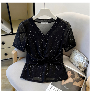 SHIMANQING | Dotted V-Neck Slimming Irregular Hem Blouse