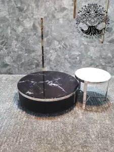 Bàn trà sofa bàn phòng khách bàn cafe nhập khẩu bàn đôi Cuneo tròn hộp veneer chân Inox đá vi thể
