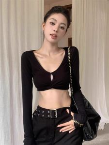 Gợi Cảm Ngắn Cổ Chữ V Áo Thun Dài Tay Nữ Áo Sơ Mi Lớp Nền Mùa Xuân Màu Đen Bó Ôm Sát Phong Cách BM Nóng Bỏng Nhỏ Áo Mùa Hè Cotton Vải Bông 90%