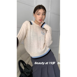 American Retro Color Block Polo Collar Sweater Womens Autumn Winter Loose Slim Short Sleeve Long Sleeve Twist Knitwear