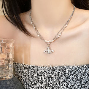 Double Layered Saturn Planet Pearl Necklace Womens Fashion Jewelry  out ened Luxury Collarbone Chain Accessory