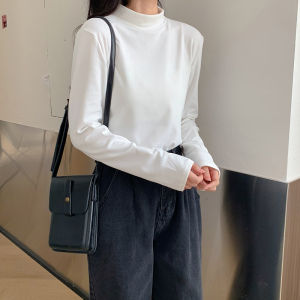 Womens Thickened Velvet Half High Collar Long Sleeve Base Shirt Winter Warm Inner Wear T-shirt Korean Style Slim Fit Top