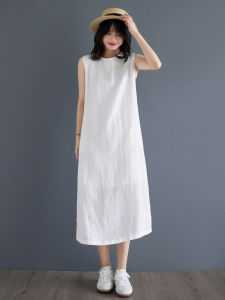 Manga Home White Cotton Linen Womens Vest Dress Casual Sleeveless Skirt Artistic Style mid Waist Length A-Line Dress