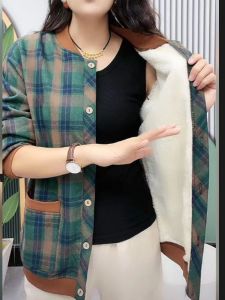 เสื้อแจ็คเก็ตเบสบอลหนาแบบมีขนแกะสำหรับผู้หญิง ฤดูใบไม้ร่วง/ฤดูหนาว เสื้อคลุมกันหนาวแบบหนาสำหรับผู้หญิงวัยกลางคนและผู้สูงอายุ