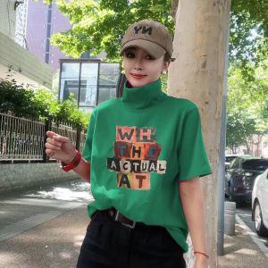 Summer Cotton High Collar Short Sleeve T-Shirt Women Loose Fit Slimming Solid Color Large Size Top Korean Style Commute