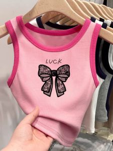 Summer New Style Girls Sleeveless T-Shirt Cartoon Print Thread Vest Strap Outerwear Children Baby Clothes Butterfly Qidu Brand