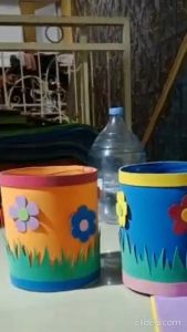 Prakarya Bungkus Galon Botol Bekas LeMineral Kerajinan Untuk Pot tempat sampah hiasan ruangan kelas teras