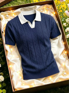 OUMULONG | Navy Jacquard Knit Short Sleeve Polo Shirt for Men Summer Color Block Collar Casual Style