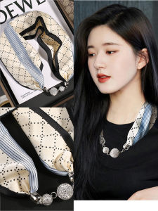 Lets Gorda High-End Fashion Silk Scarf with Magnetic Buckle Multi-Function Geometric Pattern Pearl Sensation Clavicle Necklace