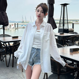 Summer 2025 White Ice Silk Loose Fit Sun Protection Shirt Cool Feeling Womens Fashionable Korean Style Long Sleeve Shirt