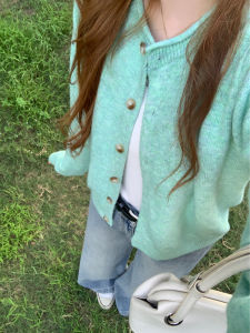 เสื้อคาร์ดิแกนถักคอโปโลสำหรับผู้หญิง ผสมขนสัตว์ อบอุ่น แขนยาว ปกติ ฤดูใบไม้ร่วง 2025 สีพื้น ปกติ