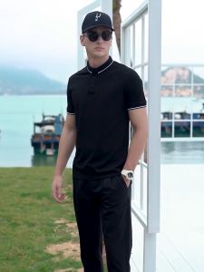 White Polo Shirt for Men Striped Short Sleeved T-shirt Business Casual Lapel Knit Sweater Summer Sports Mens Top