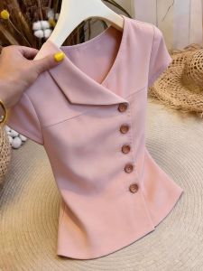 KUNAILIN | Elegant Pink Single-button Short Sleeve Top Slim