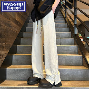 Wassup Happy New Chinese Style Button Pants Mens Autumn Winter Straight Slit Casual Long Trousers Loose Fit Straight Leg