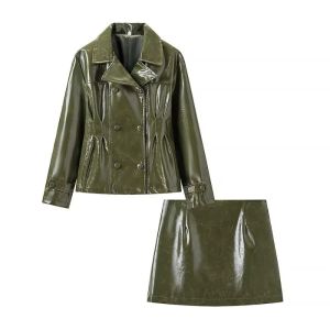 Autumn Winter Womens 2 Piece Skirts Suits Faux Leather Vintage Elegance Blazers Outfits Skirt Suits Fashion  Womens Clothing