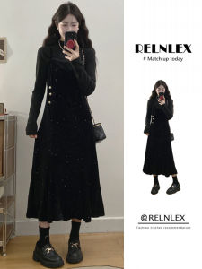 Elegant Shiny Silk Strap Dress Set Womens Autumn Winter plus Size French Vintage Hepburn Style Base Layer Dress Ensemble