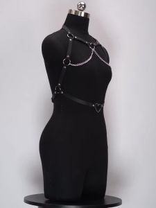 Women Punk Gothic Black PU Heart Chain Waist & Chest Harness Adjustable Street Decor Accessory for Rave Club Festival Daily