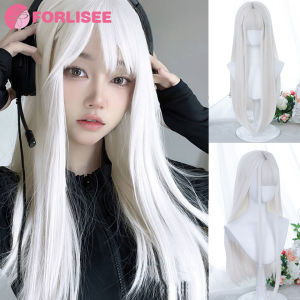 FORLISEE Synthetic White Wig Womens Long Hair Full Head Cover Lolita Japanese Cos Air Bang Long Straight Hair Wig Cover