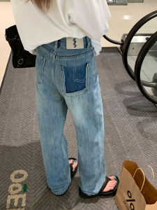 High Waist Straight Leg Denim Jeans Womens Loose American Retro Long Pants Casual Wide Leg Pants Blue Cotton Stretch Denim
