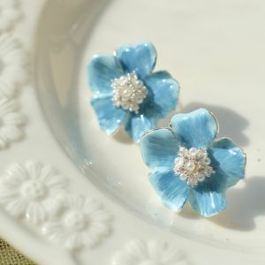 Blue Enamel Hand-Painted Flower Earrings Vintage Artistic Cold Tone Mixed Material Jewelry for Women  out New Fashion