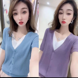 New 2022 Womens Fashionable Thin Knitted Short Sleeve T-Shirt V-Neck Slimming Ice Silk Base Shirt Versatile Commute Classic Summer
