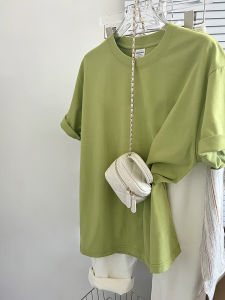 Loose Fit Cotton T-Shirt Womens Summer Short Sleeve Tea Green Color Street Style Casual round Neck Top for Young Women