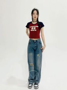 F.MIGA C47 Ripped Jeans Warna Medium Blue Retro  Jeans Wanita High Waist Lurus Sobek Panjang Korean Style