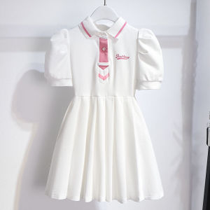 Girls Dress 6-16 Years Old New Style Kids Girl Summer Dress Pink White Bubble Sleeve College Style Polo Dress Party Birthday Girl Princess Dress Formal Dress Fashion Short Sleeve Pleated Skirt Casual Cotton Korean