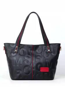 Aidrani | Genuine Cowhide Leather Women Tote Bag Letter Embossed Handbag with Red Contrast Stitching Multi-Pocket Large Capacity Purse