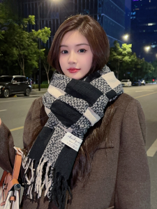 Miiow | Womens Plaid Scarf Autumn Winter 2024 New Versatile Warmth Anti-Cold Fashionable Korean Style Shawl Neck Warmer Polyester Fiber