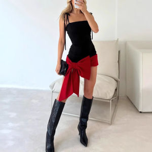 เดรสเดรสงานปาร์ตี้ผู้หญิงมีโบว์เซ็กซี่แบบบางมีสายเอี๊ยม