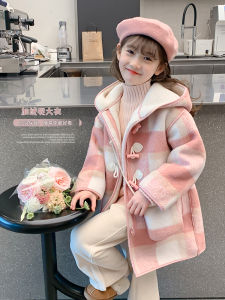 Girls Fleece Lined Winter Coat Thickened Childrens Clothing Woolen Coat Casual Style with Hat Childrens Winter Outfit