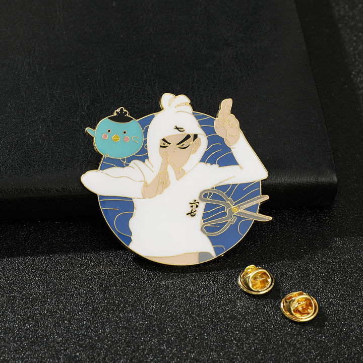 Anime Scissor Seven Brooch Cartoon Character Flying Chicken Badge Lapel Pin Metal Enamel Accessories Jewelry Cosplay Gifts